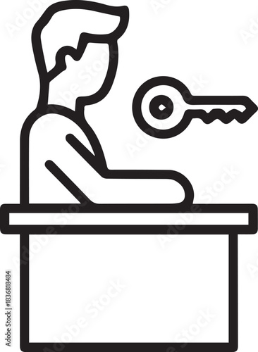 Minimalist line art icon representing a hotel receptionist or concierge handing over a room key for secure guest access and hospitality service