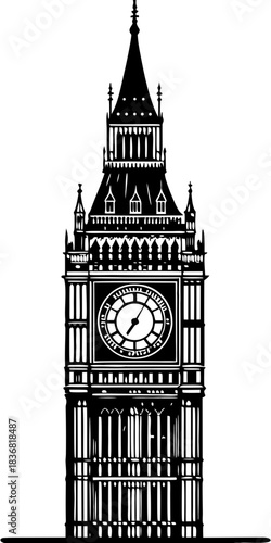 Black Big Ben Clock Tower Silhouette Vector Icon of London Landmark