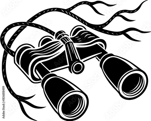 Black Binoculars Hanging from Tree Branch Silhouette Vector for Observation