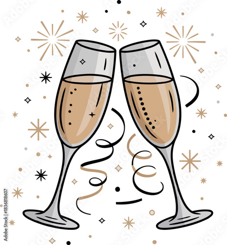 Two champagne glasses clinking with gold and black confetti toast celebration