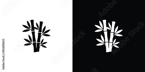 Minimalist black and white bamboo plant icons presented on contrasting backgrounds for design