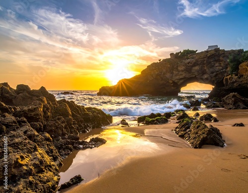 Scenic ocean view at sunset with a natural arch, waves, rocks and golden sand