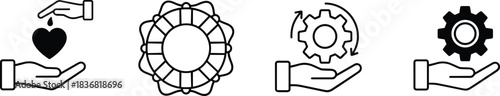 Charity (hand pouring a heart into another hand), Help (blue life preserver/lifesaver ring), Together (gears in a circular rotation above a hand), and Support