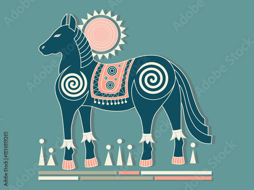 Horse zodiac animals emerald green and line art white for wall art , publication