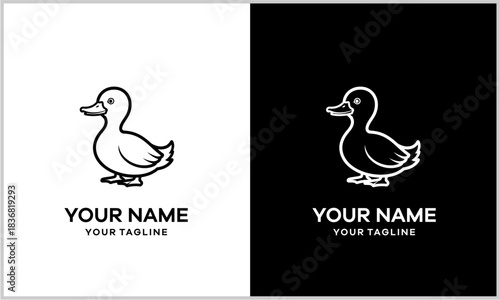 Minimalist line art duck logo design presented in two contrasting black and white versions with placeholder text.