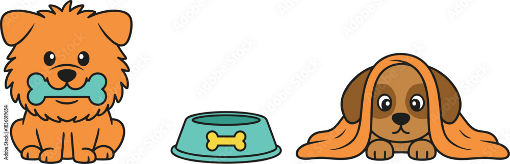 Obraz premium Cute and colorful vector illustration of cartoon dogs with pet care items, featuring an orange fluffy puppy holding a bone in its mouth, a turquoise bowl with a bone icon