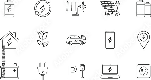 Comprehensive set of thin line icons representing charging, power, renewable energy, and electric vehicles, including batteries, solar panels, EV charging stations