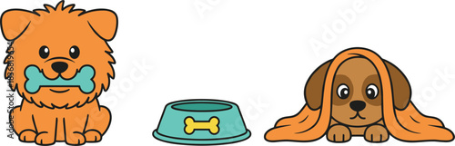 Cute and colorful vector illustration of cartoon dogs with pet care items, featuring an orange fluffy puppy holding a bone in its mouth, a turquoise bowl with a bone icon