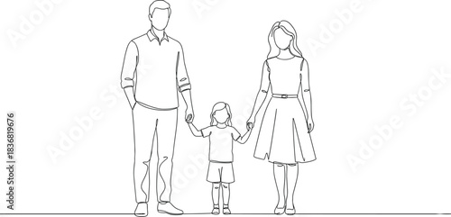 Continuous single-line art drawing of a nuclear family of three—father and mother standing and holding hands with their young child—symbolizing family unity and love.