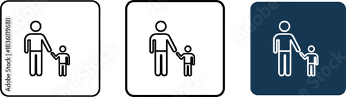 Icon set illustrating a parent (adult figure) holding hands with a child (smaller figure), presented in simple black outline,