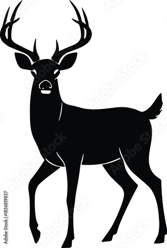 Standing Buck Silhouette – White-Tailed Deer with Large Antlers Solid Black Wildlife Vector Illustration Isolated on Transparent Background