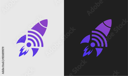 A purple rocket logo with an integrated Wi-Fi signal on light and dark backgrounds.