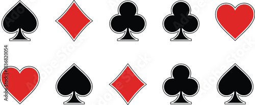 Comprehensive set of classic playing card suit icons, including solid and outline styles of spades, hearts, diamonds, and clubs, for gaming and graphic design projects.
