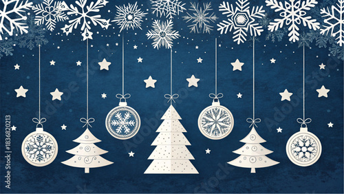 Modern artistic winter scene with white decorative ornaments and stars dangling from a ceiling of illustrated snowflakes.