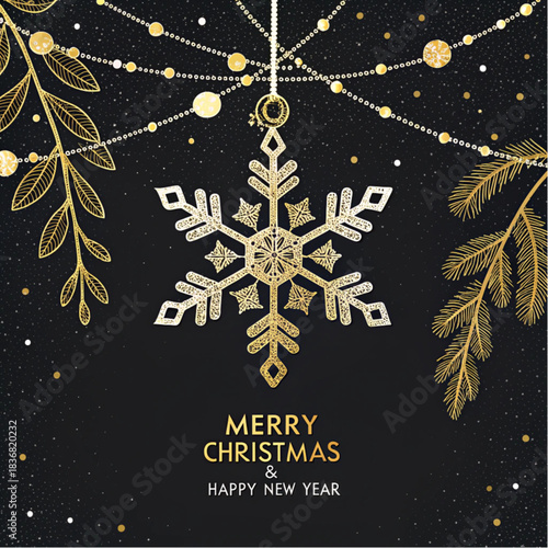 A luxurious gold Christmas card design featuring detailed line-art foliage and a sparkling golden snowflake on dark glitter.