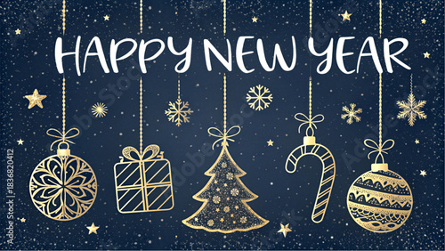 Intricate golden glitter ornaments and baubles hang against a dark blue textured wall with hand-drawn white "Happy New Year" text.