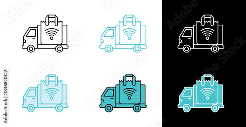 Delivery truck with shopping bag icon for online grocery and e commerce shipping in line and fill style