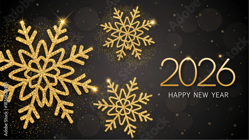 A high-end luxury celebration card with shimmering gold flakes and soft-focus lights framing the year 2026.