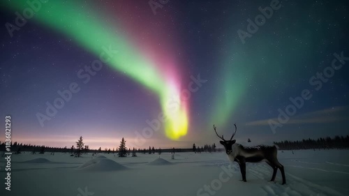 Snowy field with reindeer under colorful aurora borealis lights in the night sky