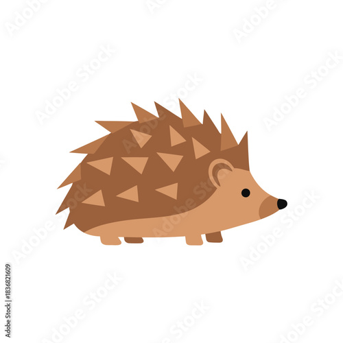 A cute cartoon illustration of a brown hedgehog with spiky fur, depicted in a simple, flat design style on a white background.