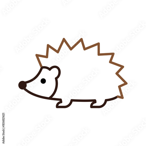 A simple cartoon outline drawing of a hedgehog with brown spikes and a black nose and eye on a white background.