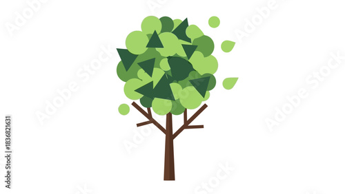 A stylized illustration of a tree with a brown trunk and a green canopy composed of geometric shapes, with some leaves blowing in the wind.