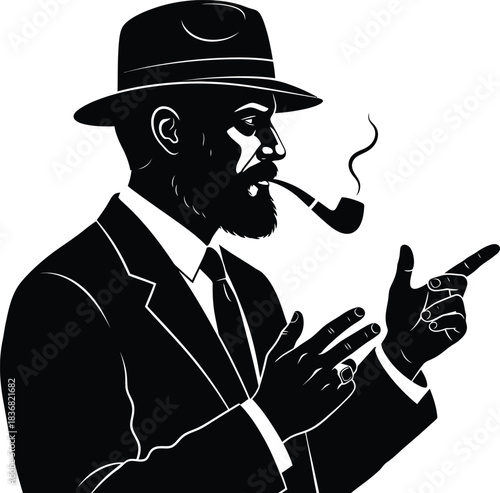 Vintage Gentleman Silhouette with Pipe and Hat Illustration