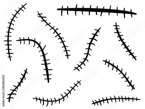 Hand drawn scar set. Stitches collection. Vector illustration. Halloween concept.