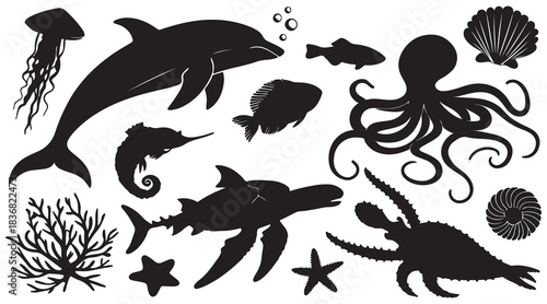 Marine life icon set Vector