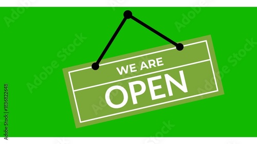 We are open store sign animation. Animation of signboard open store for shop on green background. Open signboard store animation. Open sign hanging door store shop