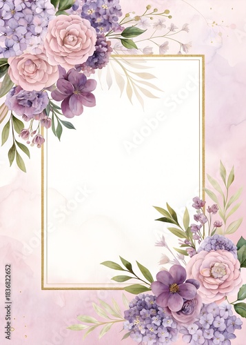 Elegant floral arrangement with roses and hydrangeas framing a blank golden square