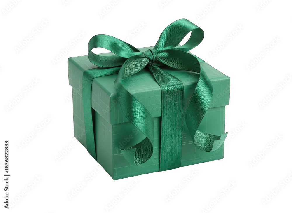 Fototapeta premium Sparkling Emerald Green Gift Box Tied With A Matching Glittery Ribbon And Bow Isolated On A Clean Transparent Background With Balanced Lighting