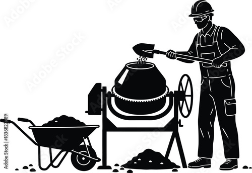 Construction Worker Mixing Concrete with Cement Mixer and Shovel Silhouette Illustration