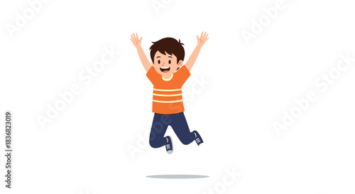 Happy young boy in an orange striped shirt and blue pants jumping in the air with his arms raised in excitement and joy.