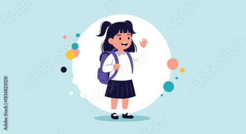 Happy schoolgirl with a backpack and pigtails waving hello, standing in front of a decorative background of colorful circles.