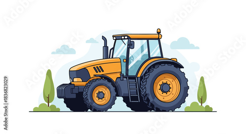 Modern yellow agricultural tractor with large wheels parked in a field with green bushes and clouds in a flat cartoon style.