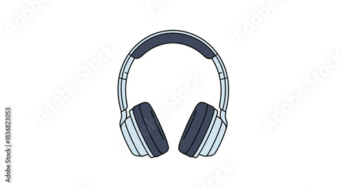 Simple line art illustration of light blue over-ear headphones, a modern device for listening to music, podcasts, or audio.