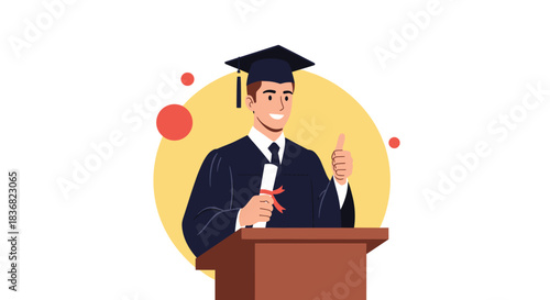 Happy male graduate in a cap and gown holding a diploma and giving a thumbs-up while standing at a podium for his speech.