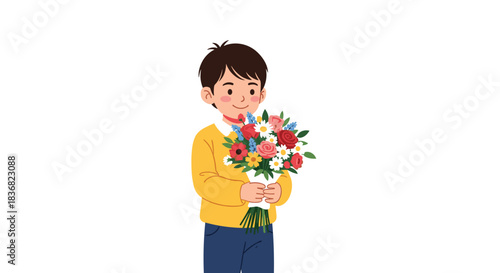 Shy and sweet young boy in a yellow sweater holding a large, colorful bouquet of flowers as a gift for a special occasion.