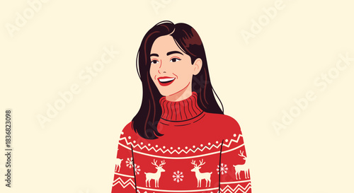 Portrait of a happy young woman with dark hair smiling warmly while wearing a festive red Christmas sweater with a reindeer pattern.