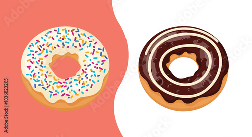 Two delicious donuts, one with white icing and colorful sprinkles and the other with chocolate and white chocolate drizzle.