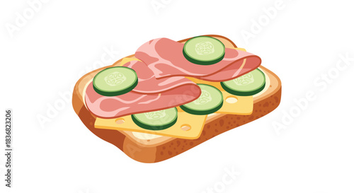 Simple open-faced sandwich on toast with cheese, ham, and slices of fresh cucumber, isolated on a clean white background.