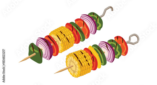 Two grilled vegetable skewers with corn on the cob, bell peppers, and onions, perfect for a barbecue or vegetarian meal.