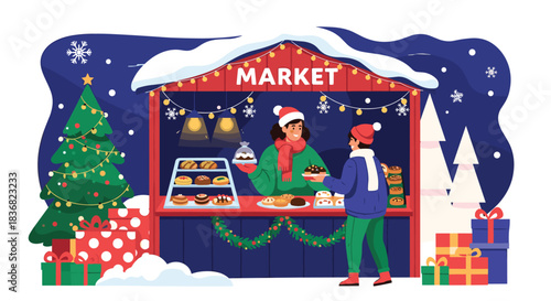 Cozy Christmas market scene at night with a vendor selling baked goods from a decorated wooden stall under falling snow.