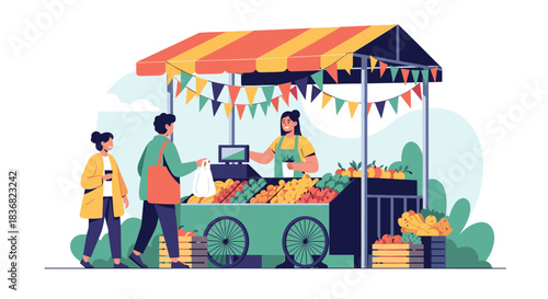 Vibrant farmers market scene with a friendly female vendor selling fresh fruits and vegetables to customers from her colorful stall.