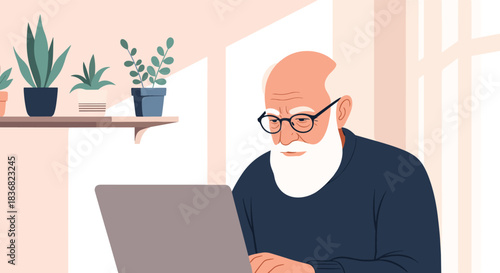Elderly man with a white beard and glasses focused on working or browsing on a laptop in a cozy room with house plants.