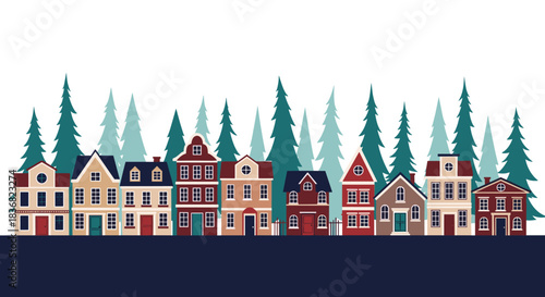 Charming winter town scene with a row of colorful European-style houses set against a forest of tall pine trees at dusk.