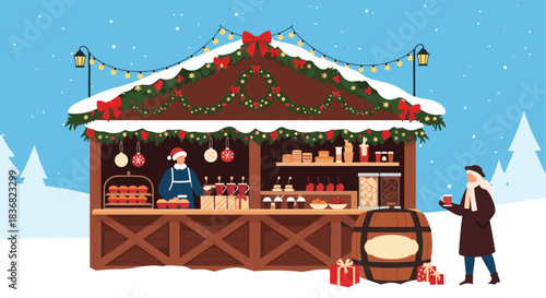 Festive Christmas market stall in a snowy landscape with a vendor selling hot drinks and treats to a customer by a barrel.