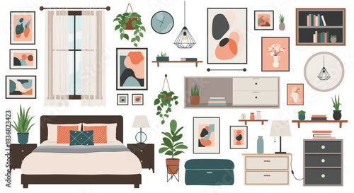 Large collection of modern bedroom furniture and home decor items for creating a cozy and stylish interior design scene.