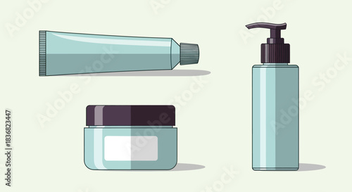 Set of three cosmetic containers: tube jar and pump bottle.